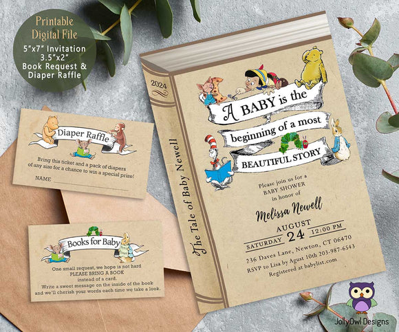 Storybook Baby Shower Invitation Bundle with Diaper Raffle Ticket and Book Request Insert