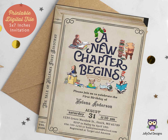 Classic Story Book Themed Birthday Party Invitation - A New Chapter Begins