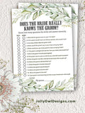 Botanical Greenery Bridal Shower Game - Does the Bride Knows the Groom?