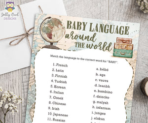 Baby Language Around The World -Travel Themed Baby Shower Game Card