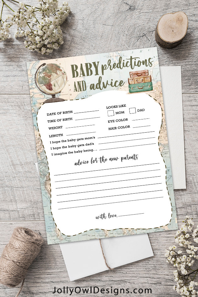 Baby Predictions and Advice for Travel Themed Baby Shower Game Activit –  Jolly Owl Designs