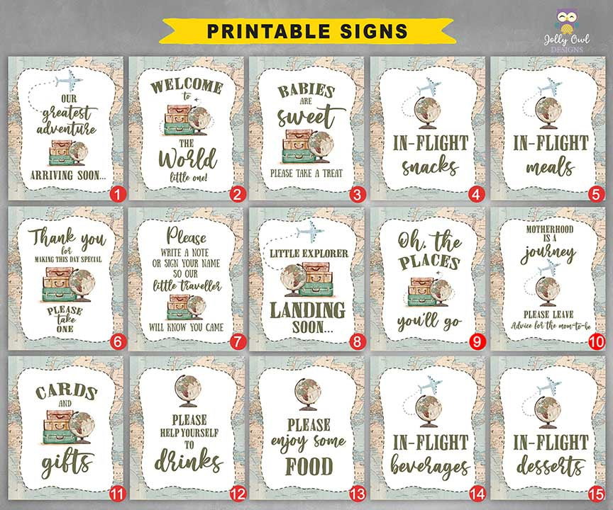 Printable Signage for Vintage Travel Theme Baby Shower - Table Signs –  Jolly Owl Designs