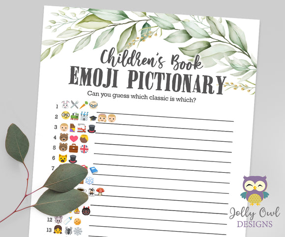 Botanical Greenery Baby Shower Game - Children's Book Emoji Pictionary