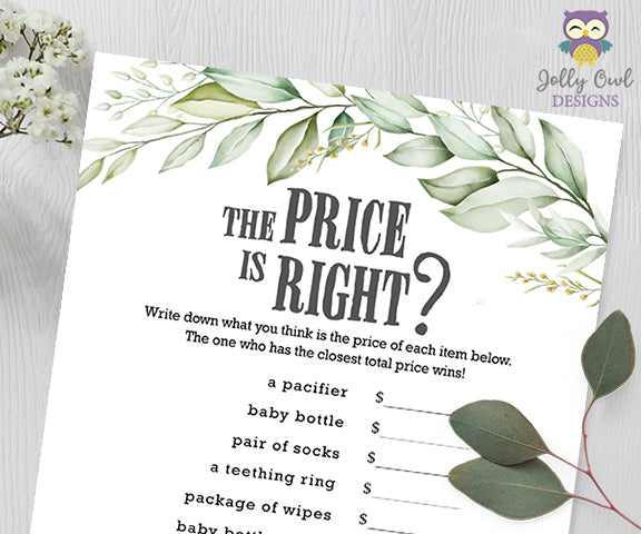 Botanical Greenery Baby Shower Game - The Price Is Right