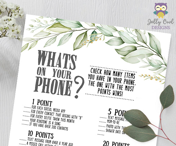 Botanical Greenery Baby Shower Game - What's In Your Phone