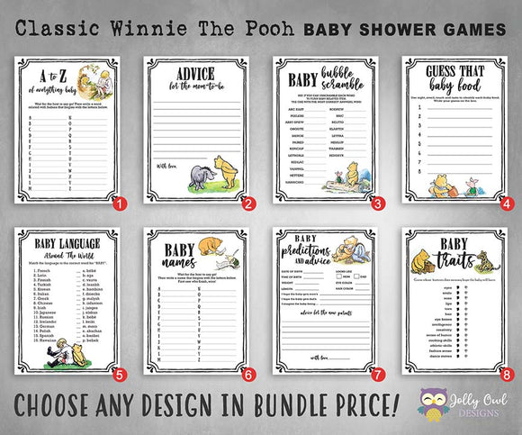 Classic Winnie The Pooh Baby Shower Games - Bundle Set