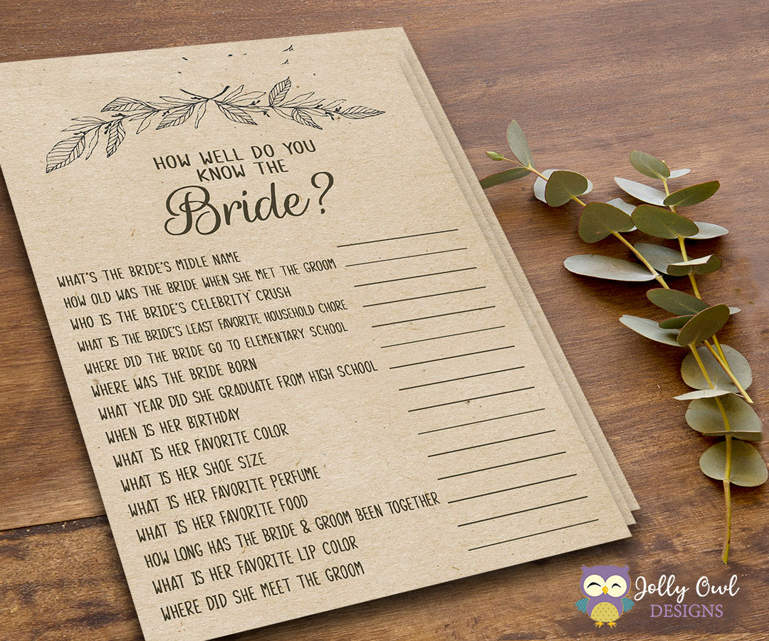 Rustic Themed Bridal Shower game - How well do you know the bride? – Jolly  Owl Designs