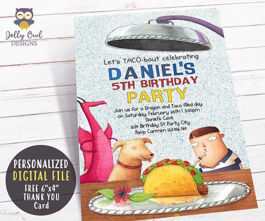 Dragon Loves Tacos Birthday Party Invitation – Jolly Owl Designs