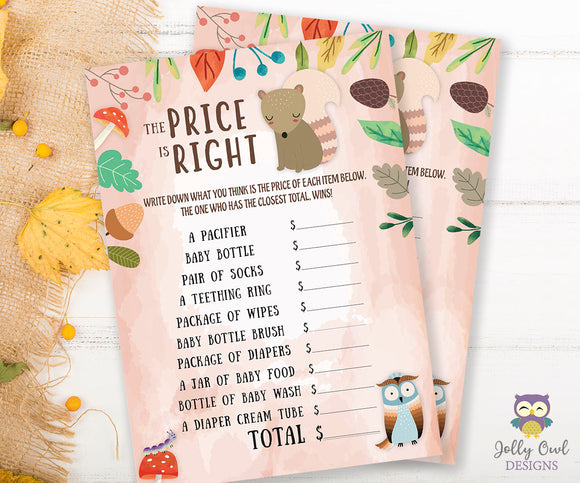 Woodland Baby Shower Game Card - Price Is Right