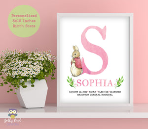 Peter Rabbit - Flopsy Bunny Personalized Initial and Name 8x10 Inches Birth Stats Sign