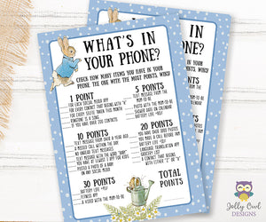 Peter Rabbit Themed Baby Shower Game Card What's In Your Phone?