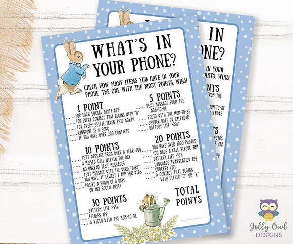 Peter Rabbit Themed Baby Shower Game Card What's In Your Phone?