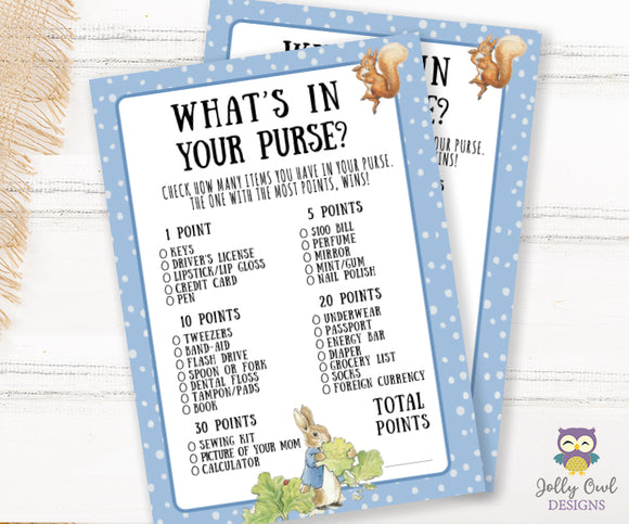 Peter Rabbit Themed Baby Shower Game Card What's In Your Purse?