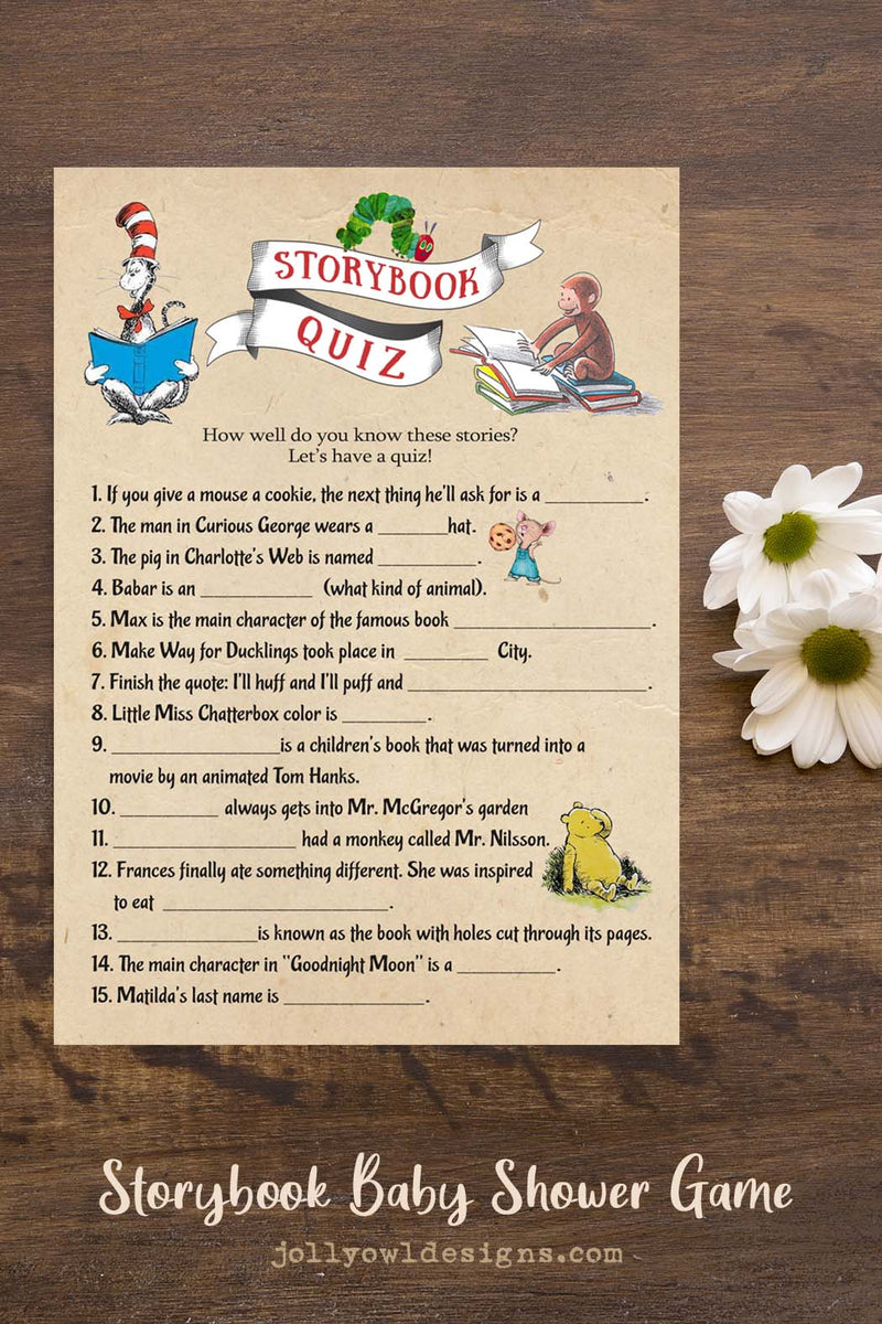 Book Themed Baby Shower Game Storybook Quiz Jolly Owl Designs