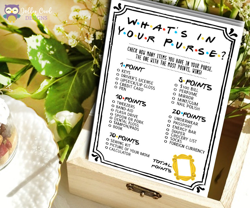 Friends TV Show Bridal Shower Game - What's In Your Purse? – Jolly Owl  Designs