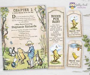 Winnie The Pooh Baby Shower Invitation with Book request and Thank You Tag