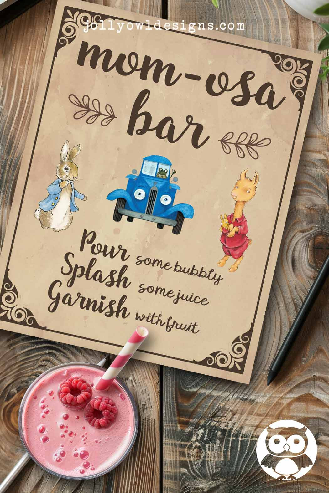 Classic Storybook-Themed Baby Shower - Mimosa - Mom-osa Bar Sign – Jolly Owl Designs for Free Printable Mom Osa Bar Sign
