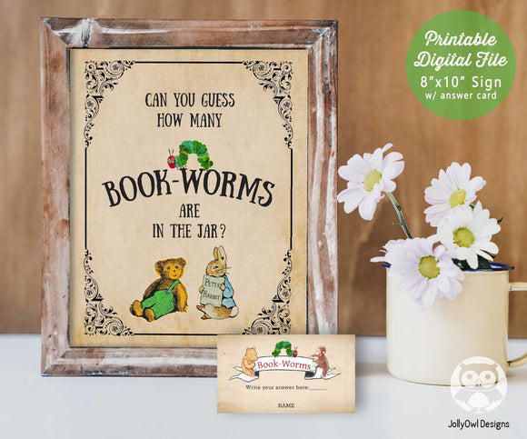 Book Themed Baby Shower Sign - Can You Guess How Many Bookworms Are In The Jar? with Answer Card