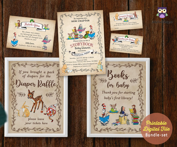 Storybook Baby Shower Invitation Bundle with Thank You Card, Book Request, Diaper Raffle Insert and Table Signs