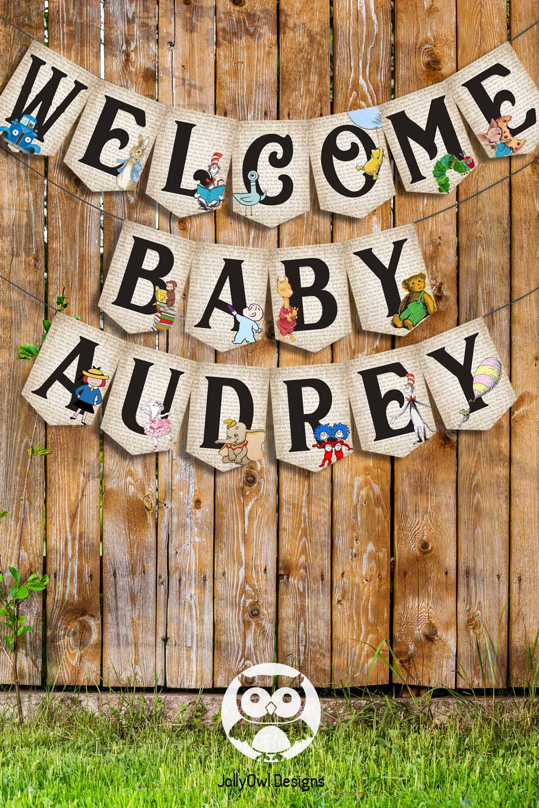 Book Themed Printable Baby Shower Banner Decoration – Jolly Owl Designs, image size:1050x1575