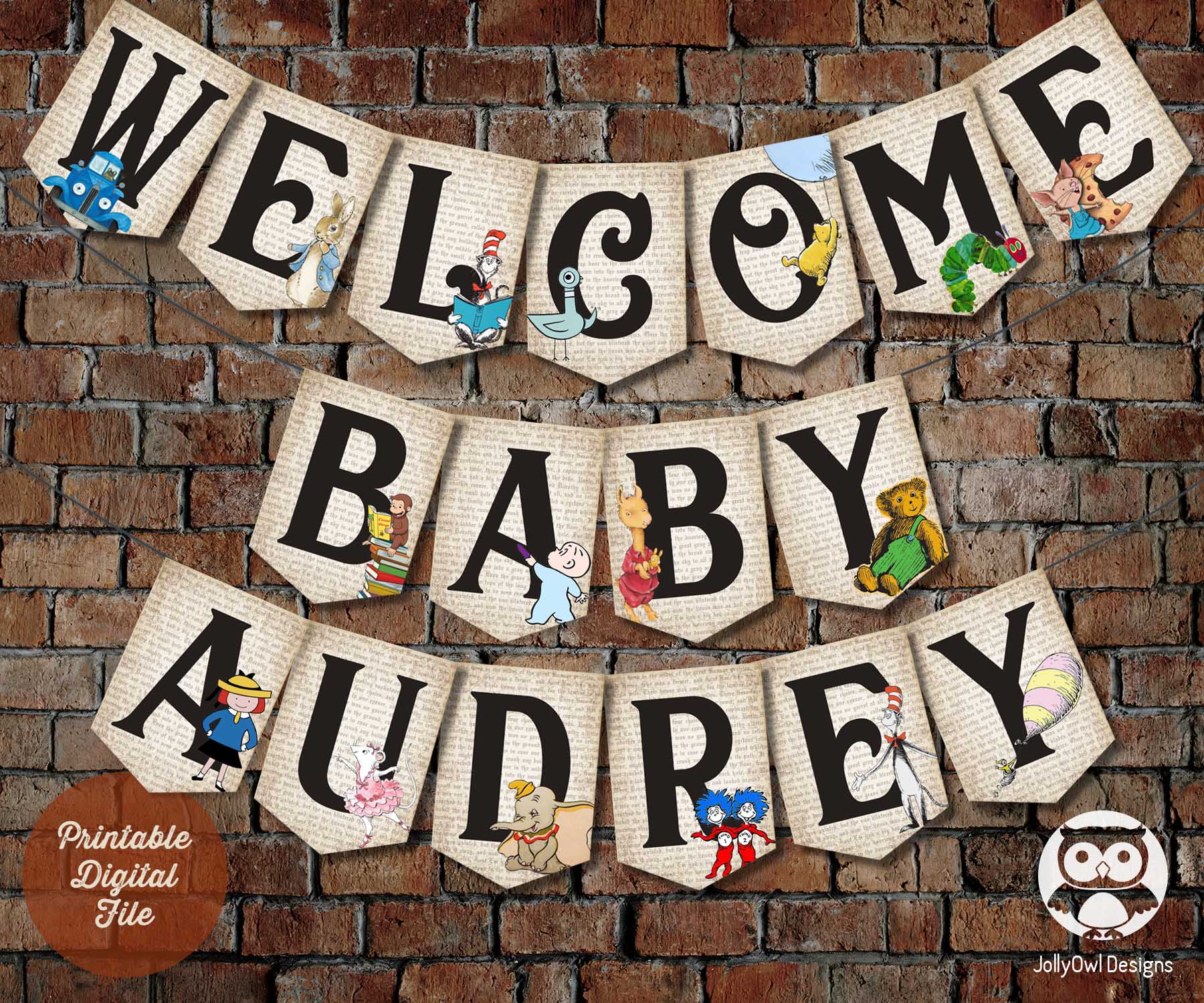 Book Themed Printable Baby Shower Banner Decoration – Jolly Owl Designs