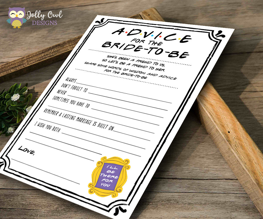 Friends TV Show Bridal Shower game - Advice for the bride to be – Jolly Owl Designs friends-tv-show-bridal-shower-game-advice-for-the-bride-to-be-jolly-owl-designs