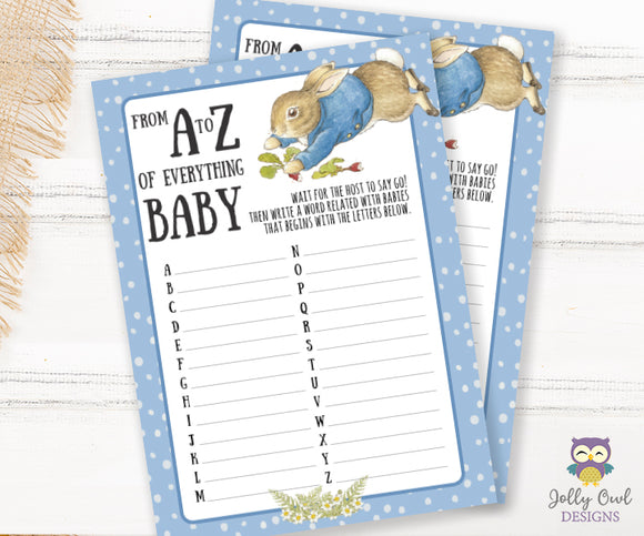 Peter Rabbit Themed Baby Shower Game A to Z Baby Words