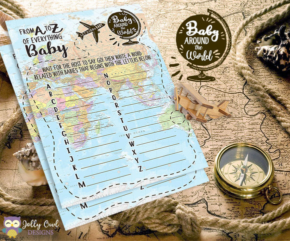 Baby Around The World Baby Shower Game Card - A to Z of Everything Baby