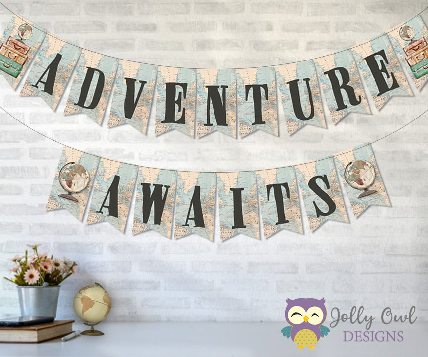 adventure-awaits-printable-banner-for-travel-themed-baby-shower-ret-jolly-owl-designs for Bon Voyage Banner Printable Free Adventure Awaits - Printable Banner for Travel Themed Baby Shower, Ret – Jolly Owl Designs for Bon Voyage Banner Printable Free