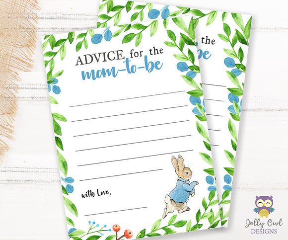 Peter Rabbit Themed Baby Shower Game Card Advice for the Mom To Be