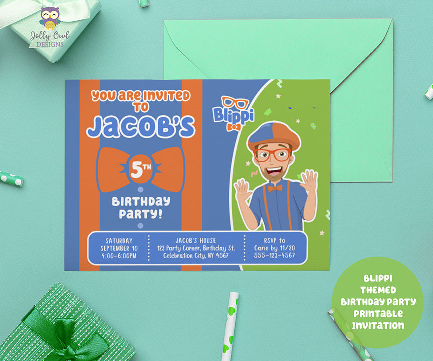 BLIPPI Themed Birthday Party Invitation Card-Digital Printable – Jolly Owl Designs for Free Printable Blippi Birthday Invitations