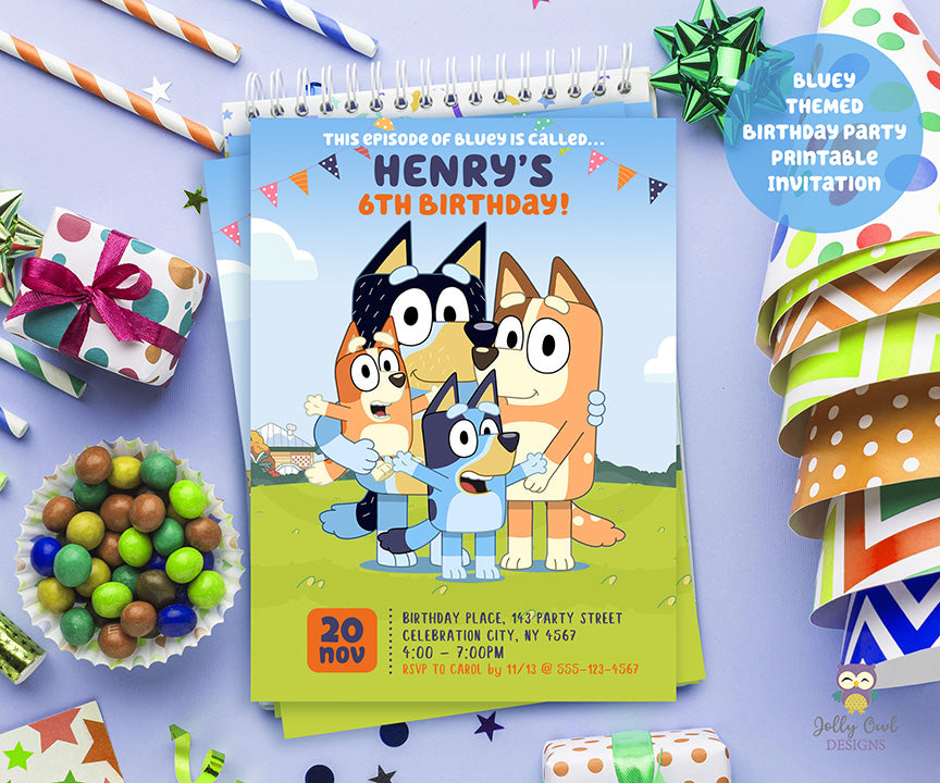 BLUEY Themed Birthday Party Printable Invitation Card Design – Jolly Owl Designs for Free Printable Bluey Birthday Card