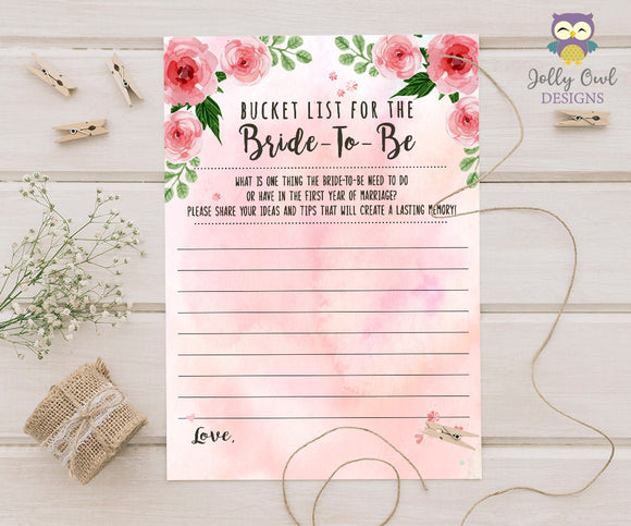Floral Watercolor Themed Bridal Shower game - Bucket List for the bride-to-be
