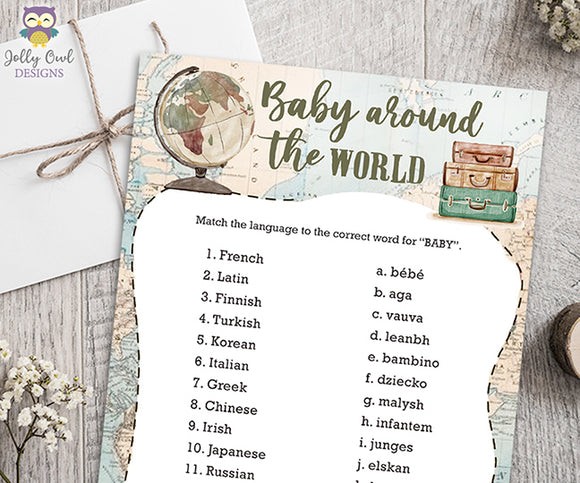 Match Baby Language - Baby Around The World Baby Shower Game Card