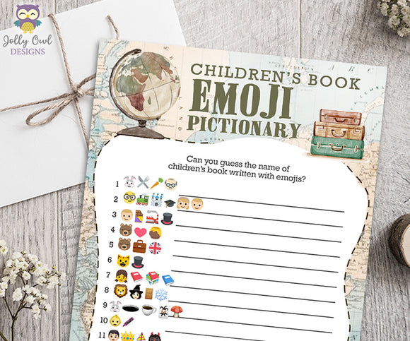 Children's Book Emoji Pictionary Game for Travel Themed Baby Shower
