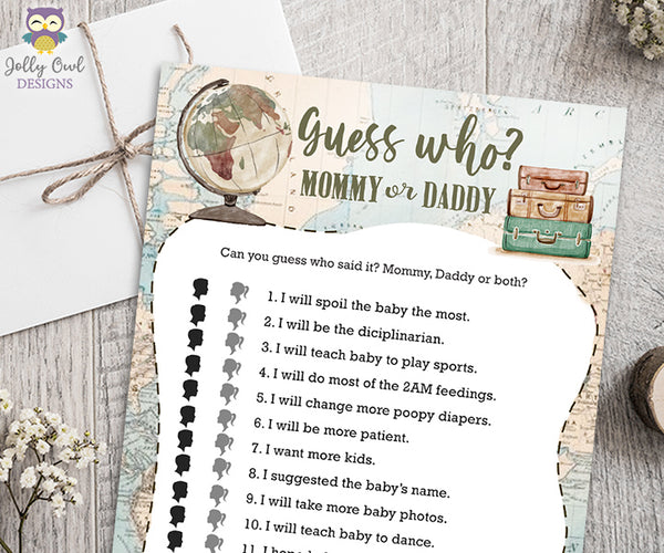 Guess Who Said It? Mommy Or Daddy - Travel Themed Baby Shower Game – Jolly Owl Designs for Free Printable Guess Who Mommy Or Daddy Game