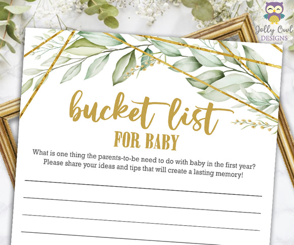 Gold Geometric Botanical Greenery Baby Shower Game - Baby Bucket List