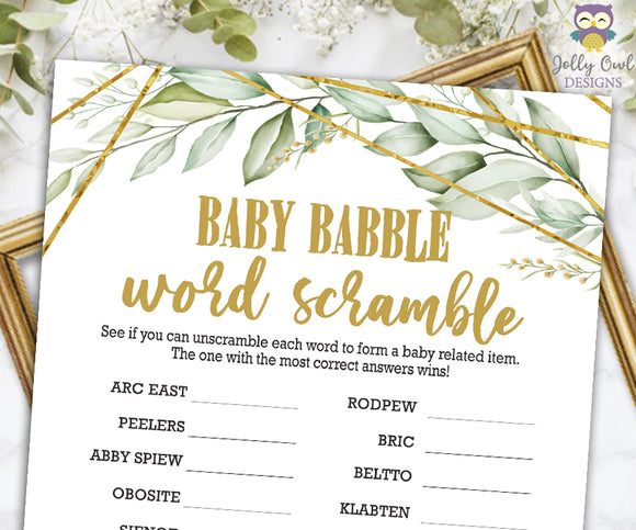 Gold Geometric Botanical Greenery Baby Shower Game - Baby Word Scramble