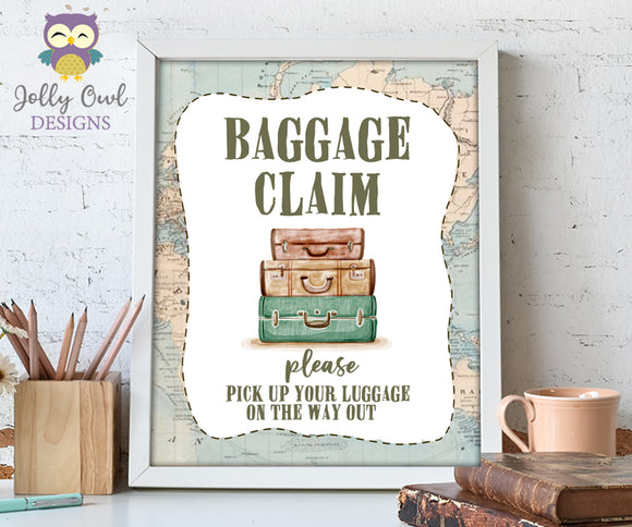 Baggage Claim Table Sign - Printable Signage for Vintage Travel Theme Baby Shower, Birthday, Retirement, Bridal Shower, Bachelorette, Farewell Party