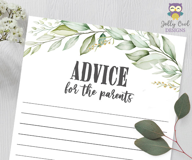 botanical-greenery-baby-shower-game-advice-for-the-new-parents-jolly-owl-designs for Advice For New Parents Cards Free Printable Botanical Greenery Baby Shower Game - Advice for the New Parents – Jolly Owl Designs for Advice For New Parents Cards Free Printable