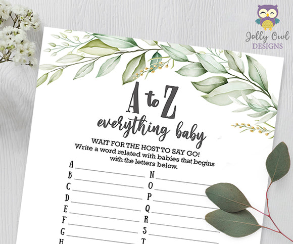 Botanical Greenery Baby Shower Game - A to Z Baby Alphabet