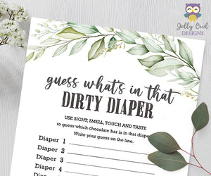 Botanical Greenery Baby Shower Game - Dirty Diaper Guess the Food