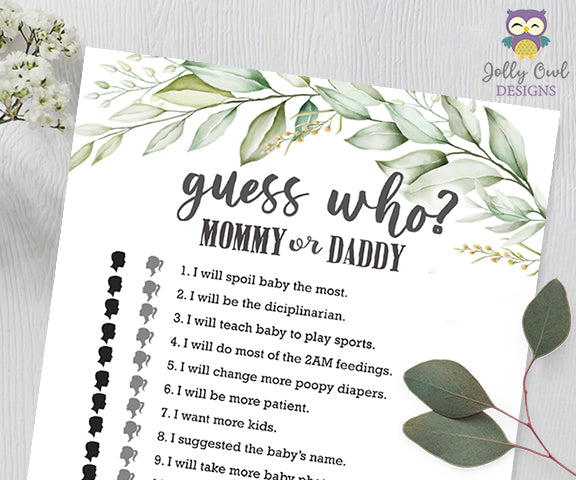 Botanical Greenery Baby Shower Game - Guess Who Mommy Or Daddy?
