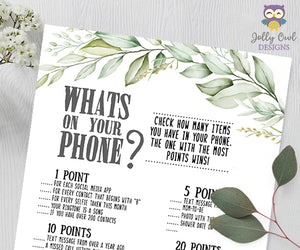 Botanical Greenery Baby Shower Game - What's In Your Phone