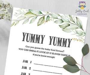 Botanical Greenery Baby Shower Game - Guess the Yummy Baby Food in Jar