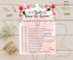 Floral Watercolor Themed Bridal Shower Game Does the Bride Knows the Groom?