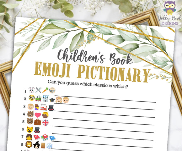 Gold Geometric Botanical Greenery Baby Shower Game - Children's Book Emoji Pictionary
