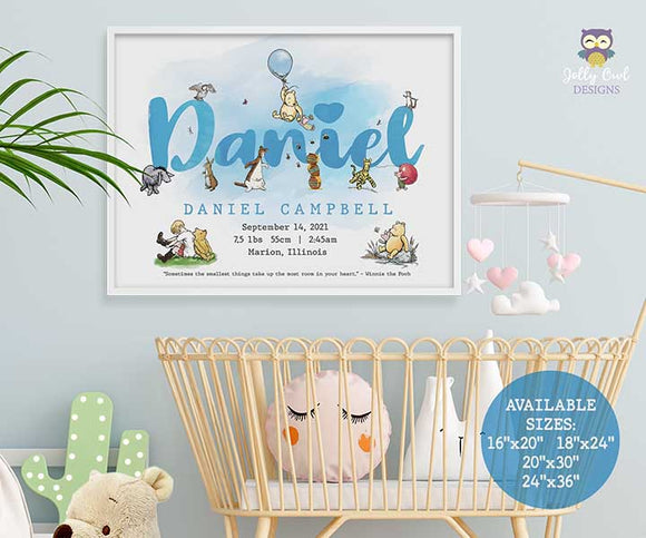 Classic Winnie The Pooh Themed Printable Baby Birth Stats Display - Nursery Room Decoration