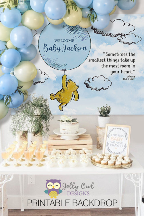 Classic Winnie The Pooh Holding Balloon Backdrop For Baby Shower Birthday