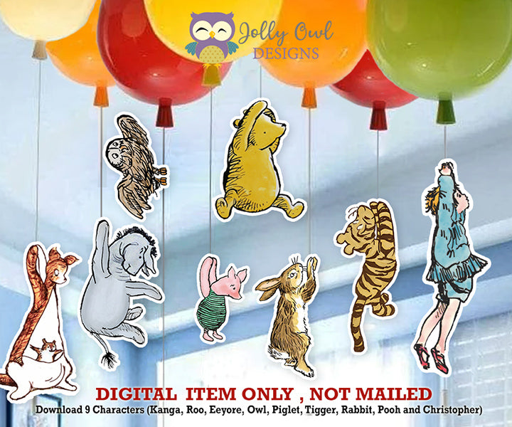 dd more fun to your Classic Winnie The Pooh party in a totally unique way! Transport your guests to Hundred Acre Woods. Celebrate with Kanga, Roo, Rabbit, Piglet, Tigger, Christopher Robin and Pooh. Decide if you want to hang them like holding a balloon or create a beautiful balloon centerpiece with it.  Your baby shower or birthday party deserves to have stylish decors. It's so simple it barely needs written instructions so we let the pictures do the talking.  Just simply print, stick it to cardboard and cut. Create the most creative party now!